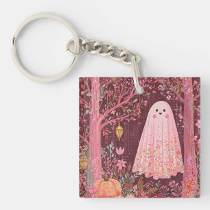 Whimsical Pink Ghost in Enchanted Floral Forest Key Ring