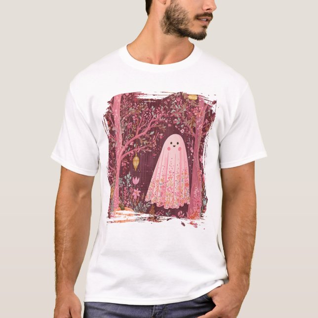 Whimsical Pink Ghost in Enchanted Floral Forest T-Shirt (Front)