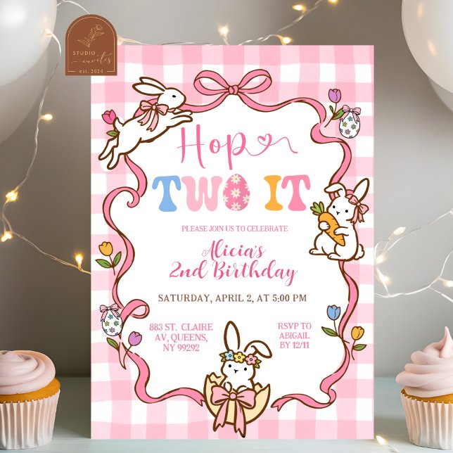 Whimsical Pink Gingham Bunny Hop TWO it 2nd Birthd Invitation (Creator Uploaded)