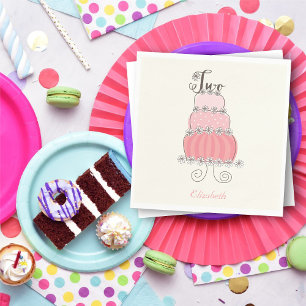 Whimsical Pink Girl 2nd Birthday Cake Kids Party Napkin