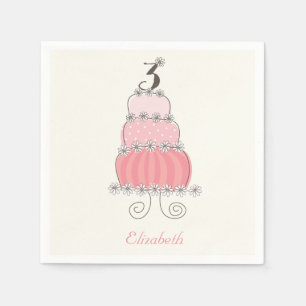 Whimsical Pink Girl 3rd Birthday Cake Kids Party Napkin
