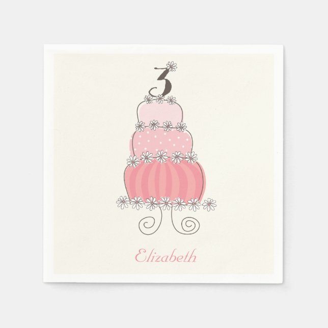 Whimsical Pink Girl 3rd Birthday Cake Kids Party Napkin (Front)