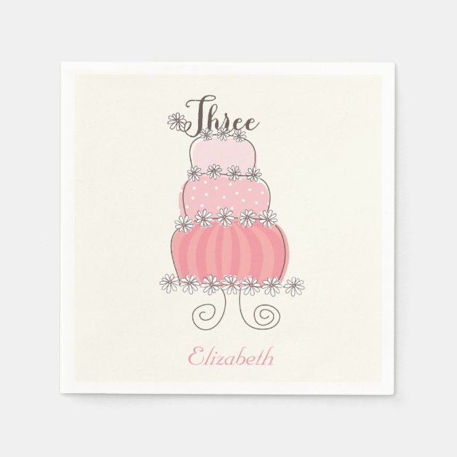 Whimsical Pink Girl 3rd Birthday Cake Kids Party Napkin (Front)