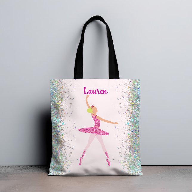 Whimsical Pink Glitter Ballerina Look Tote Bag (Light Hair Pink Glitter Dress Ballerina Crown Tote Bag)