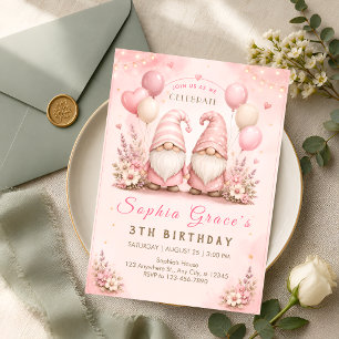 Whimsical Pink Gnome 3rd Birthday Invitation