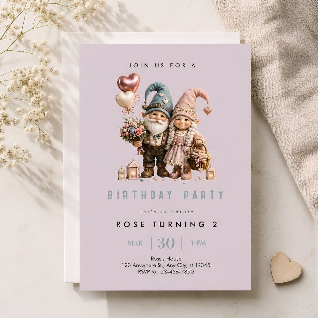 Whimsical Pink Gnome Birthday Invitation (Creator Uploaded)