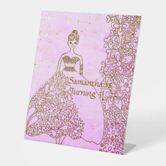 Whimsical Pink Gold Princess Girl Birthday Pedestal Sign
