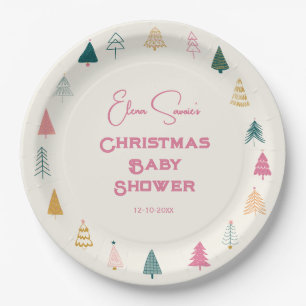 Whimsical Pink & Green Christmas Tree Baby Shower Paper Plate