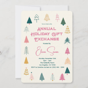 Whimsical Pink Green Christmas Tree Gift Exchange Invitation