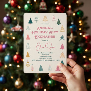 Whimsical Pink Green Christmas Tree Gift Exchange Invitation