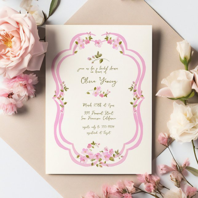 Whimsical Pink Green Painted Floral Bridal Shower Invitation (Creator Uploaded)
