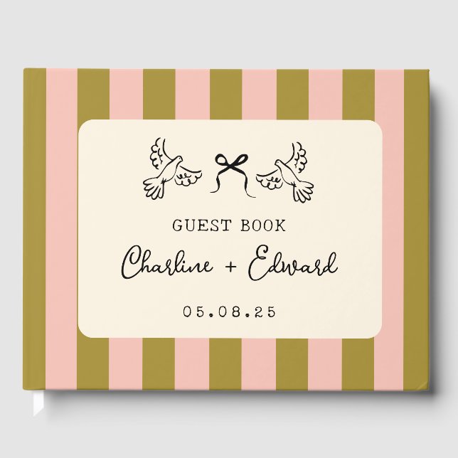 Whimsical Pink Green Striped Scribble wedding Guest Book (Front)