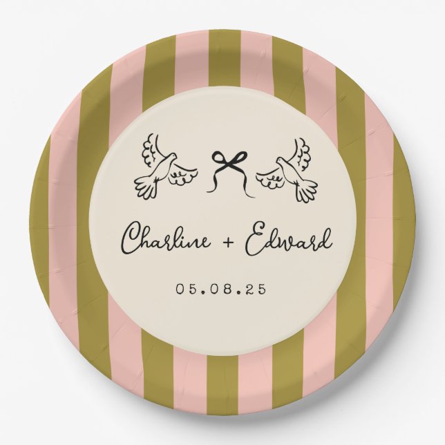 Whimsical Pink Green Striped Scribble wedding Paper Plate (Front)