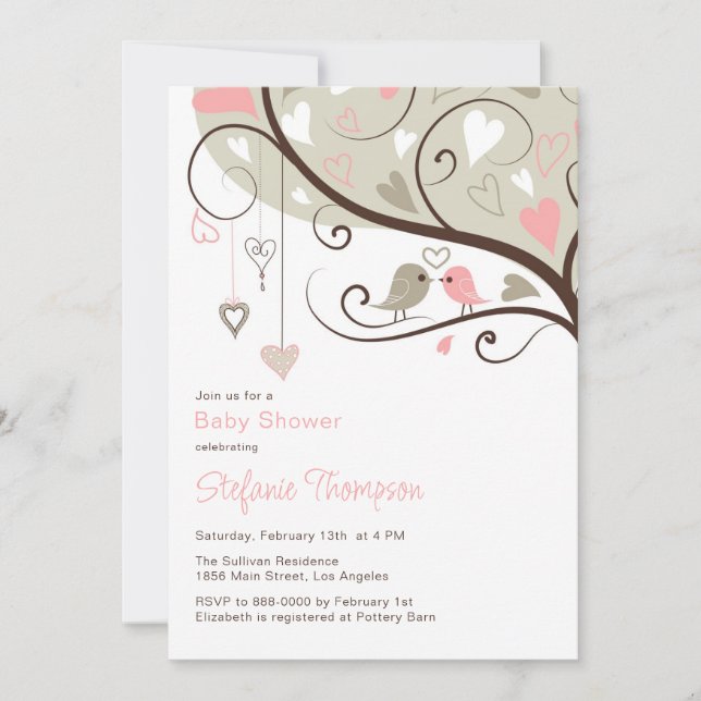 Whimsical Pink & Grey Birds Baby Shower Invitation (Front)