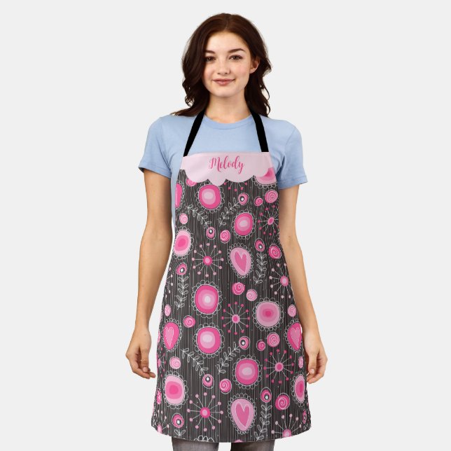 Whimsical pink grey hearts and flowers floral name apron (Worn)