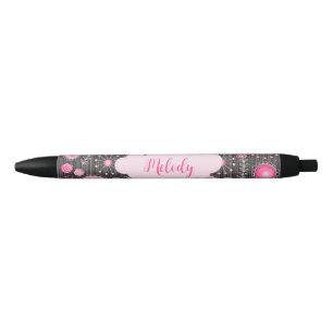 Whimsical pink grey hearts and flowers floral name black ink pen