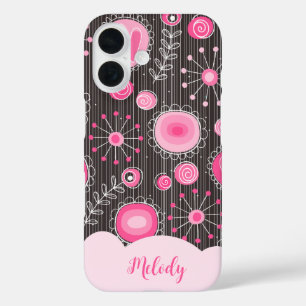 Whimsical pink grey hearts and flowers floral name iPhone 16 case