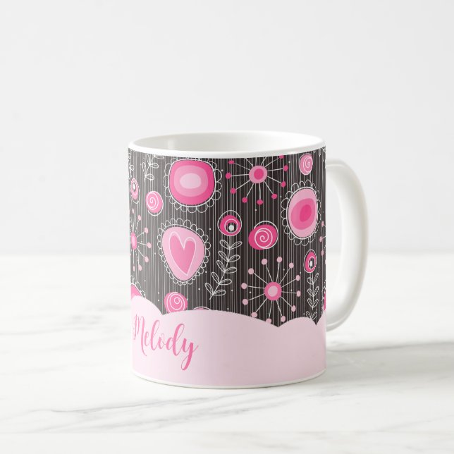 Whimsical pink grey hearts and flowers floral name coffee mug (Front Right)