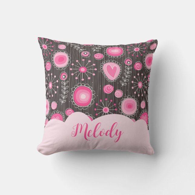 Whimsical pink grey hearts and flowers floral name cushion (Front)