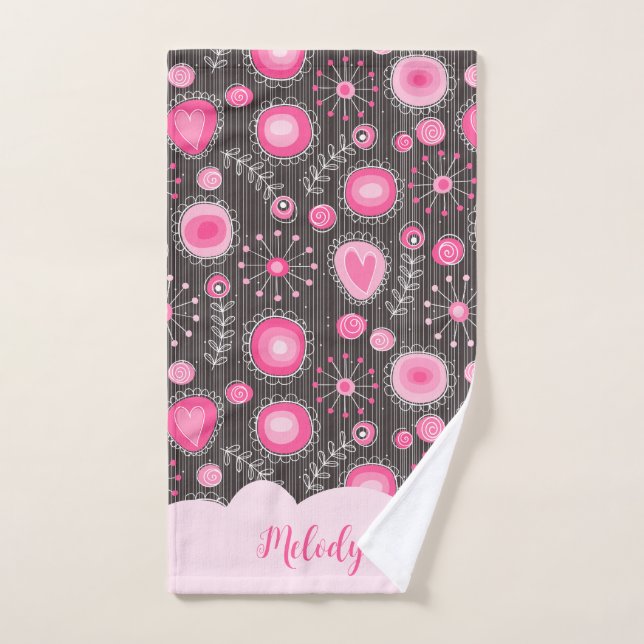 Whimsical pink grey hearts and flowers floral name hand towel (Hand Towel)