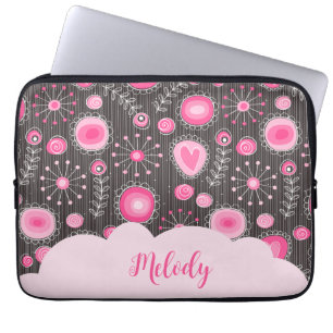 Whimsical pink grey hearts and flowers floral name laptop sleeve