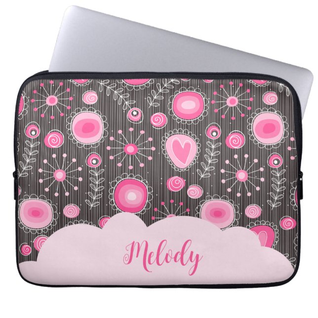 Whimsical pink grey hearts and flowers floral name laptop sleeve (Front)