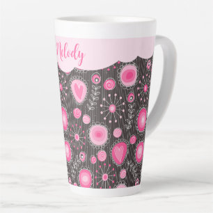 Whimsical pink grey hearts and flowers floral name latte mug