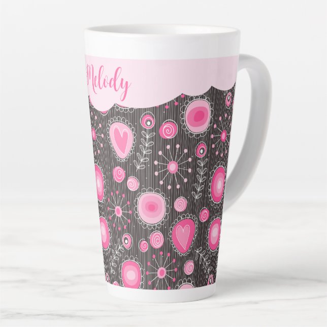 Whimsical pink grey hearts and flowers floral name latte mug (Right Angle)