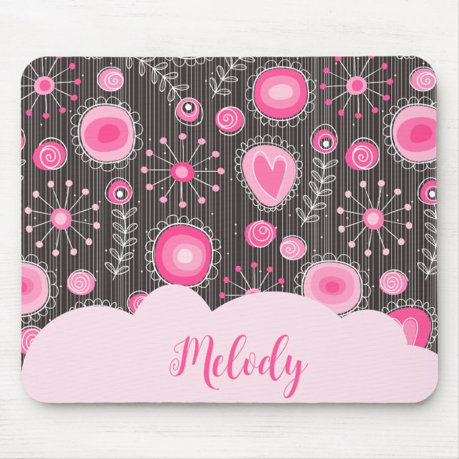 Whimsical pink grey hearts and flowers floral name mouse mat (Front)