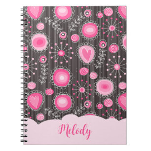 Whimsical pink grey hearts and flowers floral name notebook