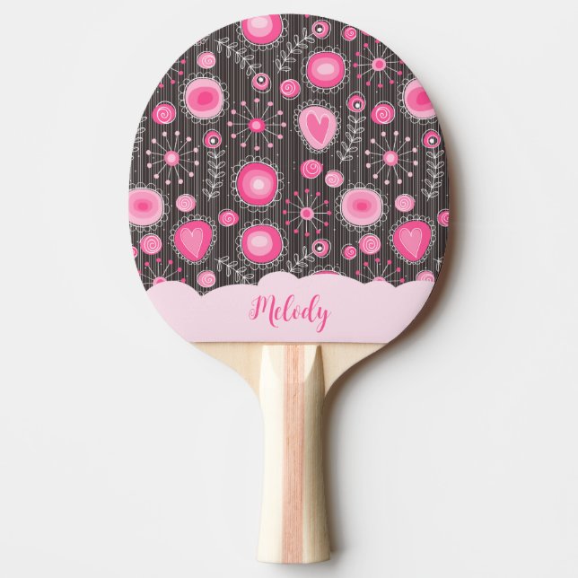Whimsical pink grey hearts and flowers floral name ping pong paddle (Front)