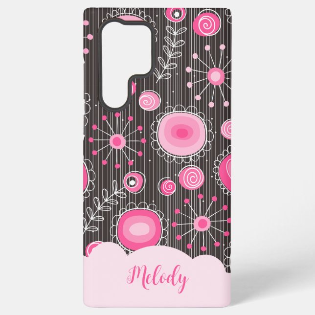 Whimsical pink grey hearts and flowers floral name samsung galaxy s22 ultra case (Back)