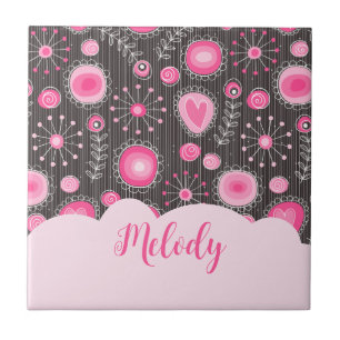 Whimsical pink grey hearts and flowers floral name tile