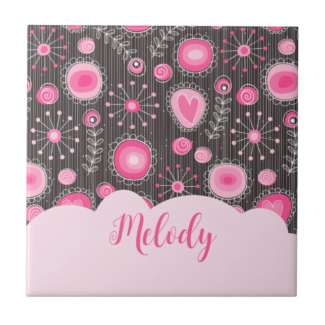 Whimsical pink grey hearts and flowers floral name tile (Front)