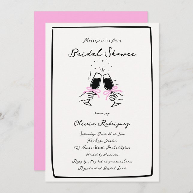 Whimsical Pink Hand Drawn Bow Glass Wedding Invitation (Front/Back)