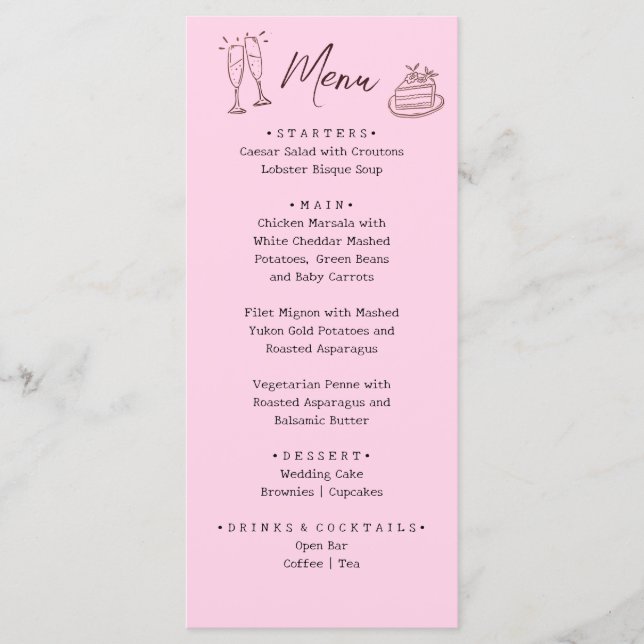 Whimsical Pink Hand Drawn Illustrated Wedding  Menu (Front)
