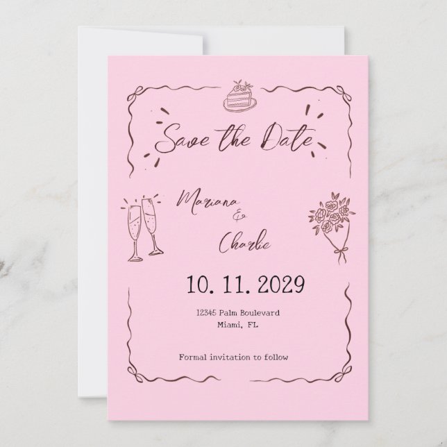 Whimsical Pink Hand Drawn Illustrated Wedding  Save The Date (Front)