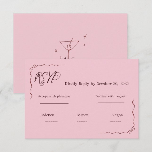 Whimsical Pink Hand Written Scribble Wedding RSVP  Card (Front/Back)