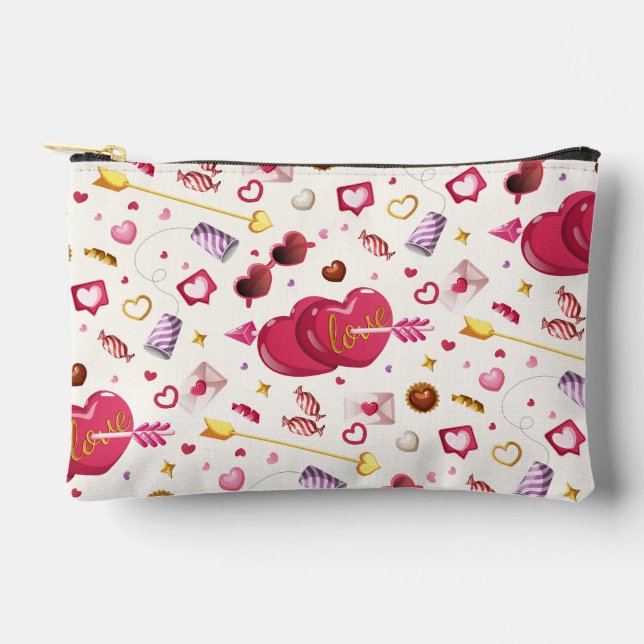 Whimsical Pink Heart & Candy Treat Graphic Pattern Accessory Pouch (Front)