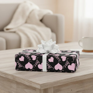 Whimsical Pink Heart Doodles Love Script Wrapping Paper