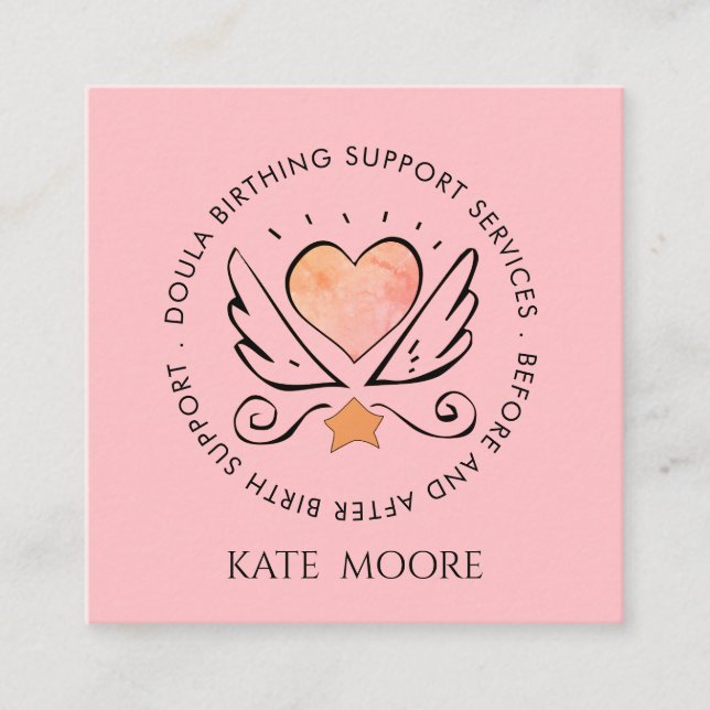 Whimsical Pink Heart  Midwife Or Doula Square Business Card (Front)