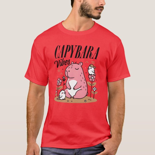 Whimsical Pink Hippo with Floral Friends boy T-Shirt (Front)