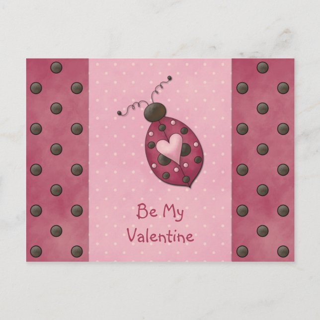Whimsical Pink Ladybug Valentines Postcard (Front)