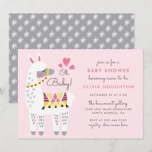 Whimsical Pink Llama Oh Baby Girl Shower Invitation