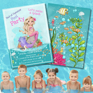 Whimsical Pink Mermaid Summer Pool Party Invitation