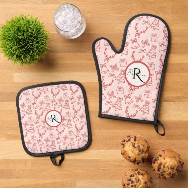 Whimsical pink monogram  oven mitt & pot holder set (Top Down)