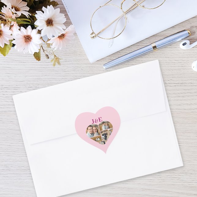Whimsical Pink Monogramed Heart Photo Collage  Heart Sticker (Pink personalized Heart shaped sticker)
