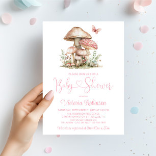 Whimsical Pink Mushroom Butterfly Baby Shower Invitation