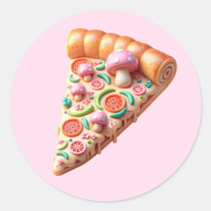 Whimsical Pink Mushroom Pizza Party Classic Round Sticker