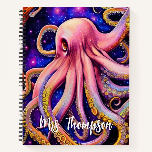 Whimsical Pink Octopus with Personalised Name Notebook (Front)